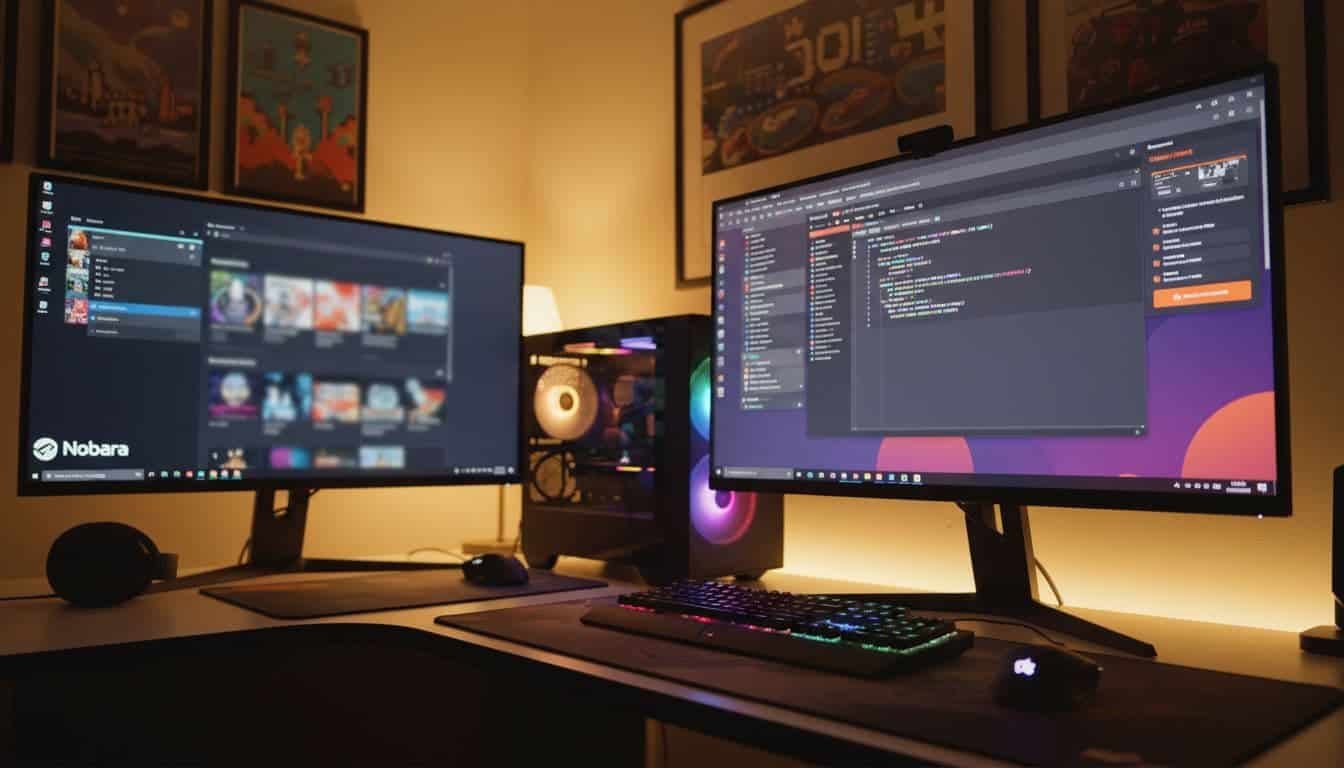 A photorealistic dual monitor setup features Nobara Linux with a blurred Steam gaming interface on one screen and Pop!OS workspace apps on the other, alongside a modern RGB-lit gaming PC tower, keyboard, mouse, and headphones in a cozy room with posters and warm ambient lighting.
