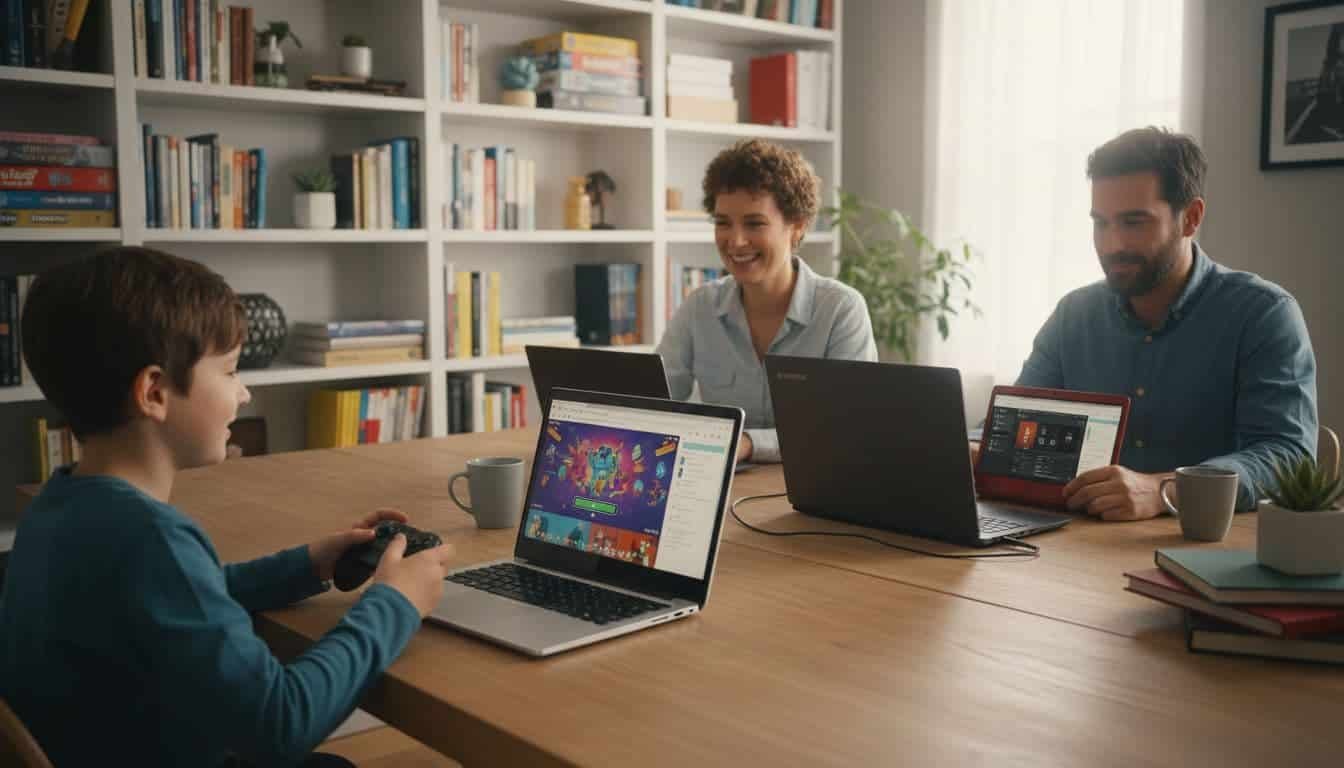 A joyful family shares a home office table with modern laptops of different sizes; a kid games on Nobara Linux with a controller showing subtle game art, while a parent works on Pop!OS with browser tabs and documents. Bookshelves fill the vibrant background under soft indoor lighting, filling the entire canvas edge-to-edge.