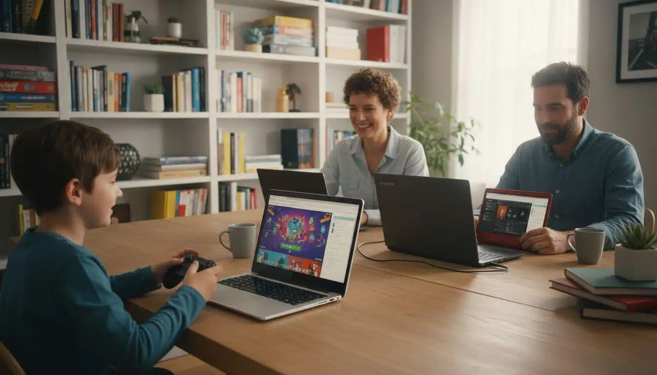 A joyful family shares a home office table with modern laptops of different sizes; a kid games on Nobara Linux with a controller showing subtle game art, while a parent works on Pop!OS with browser tabs and documents. Bookshelves fill the vibrant background under soft indoor lighting, filling the entire canvas edge-to-edge.