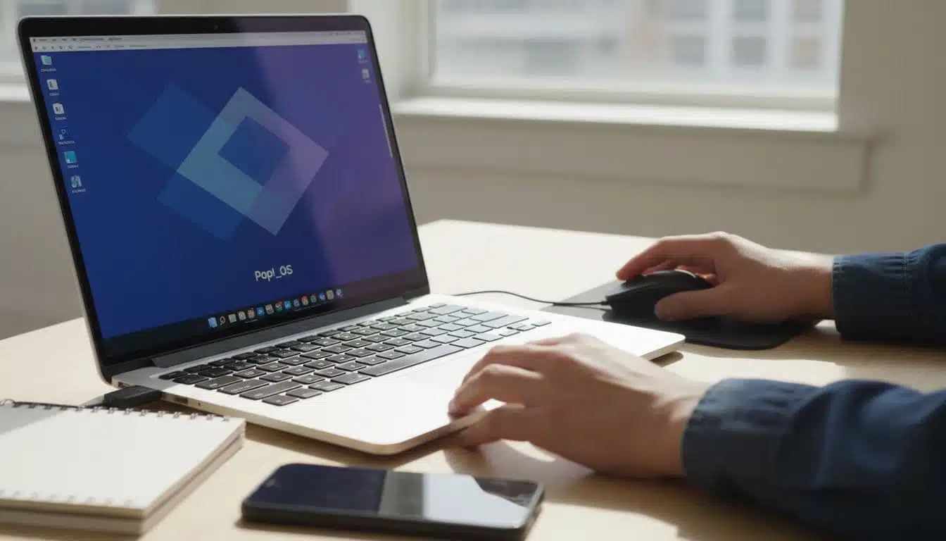 A person plugs a USB drive into a laptop booting a live Pop!OS Linux session on a simple living room table, testing the trackpad with an external mouse connected and nearby notebook and phone, in bright natural daylight with a cheerful exploratory mood.