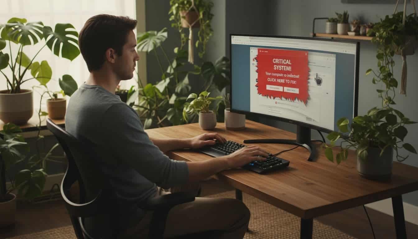 A relaxed person in a home office setup with plants calmly closes a browser window on a desktop computer, ignoring a fake popup in the background, demonstrating a safe response to suspicious alerts.