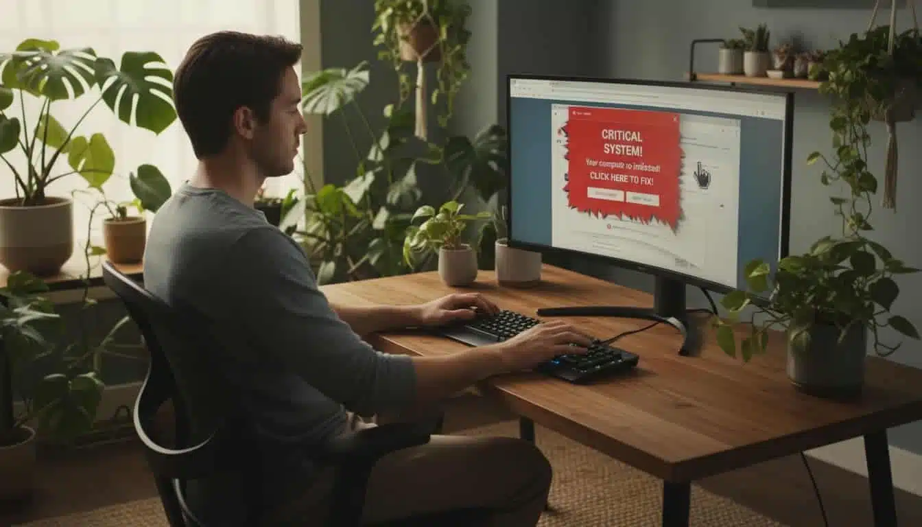 A relaxed person in a home office setup with plants calmly closes a browser window on a desktop computer, ignoring a fake popup in the background, demonstrating a safe response to suspicious alerts.