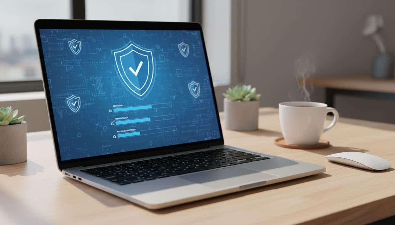 MacBook laptop screen with a fake blue security warning overlay featuring shield icons and progress bars pretending to scan for threats on macOS, realistic setting on a modern desk with coffee mug nearby.