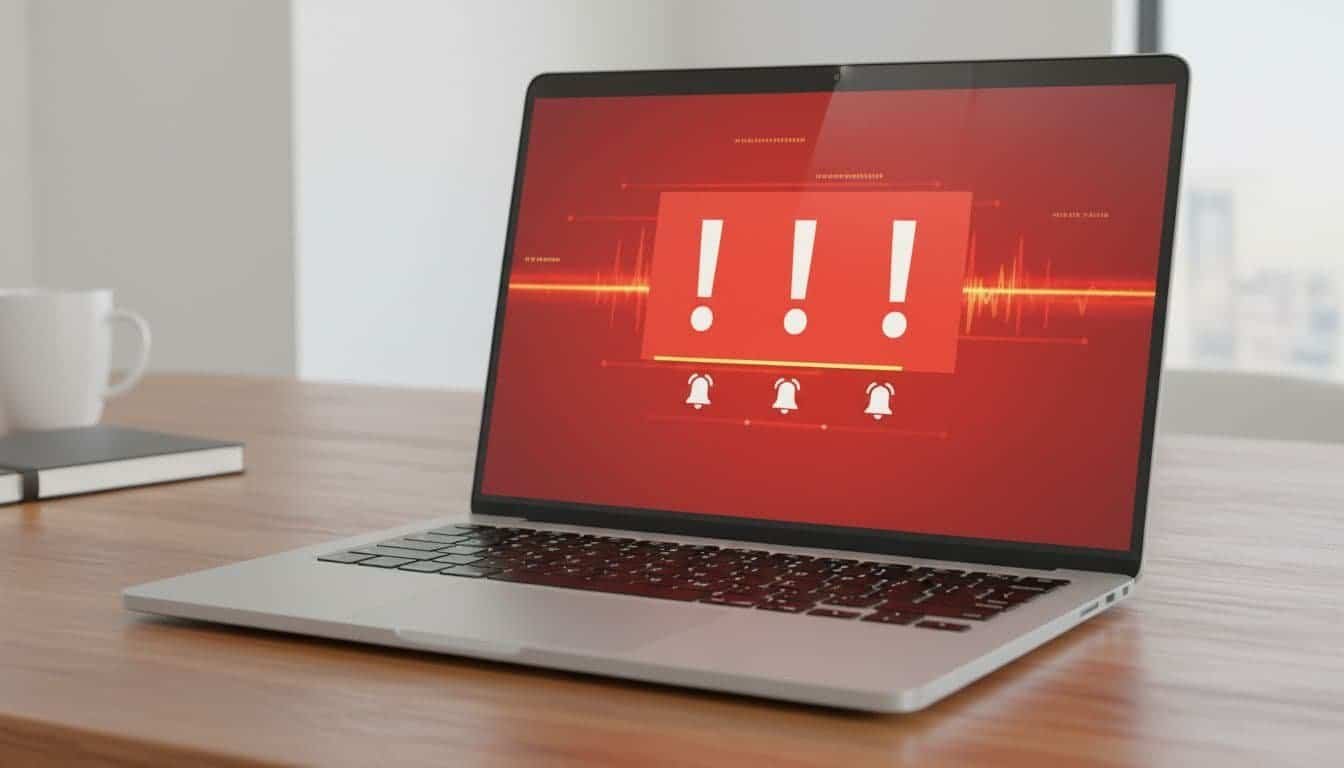 Laptop on a wooden desk showing a full-screen red warning popup with exclamation marks, scanning bars, and alarm icons mimicking a fake Windows virus alert, in realistic photo style with bright office lighting. Exactly one laptop visible, no people, no readable text, no logos or watermarks, screen slightly angled.