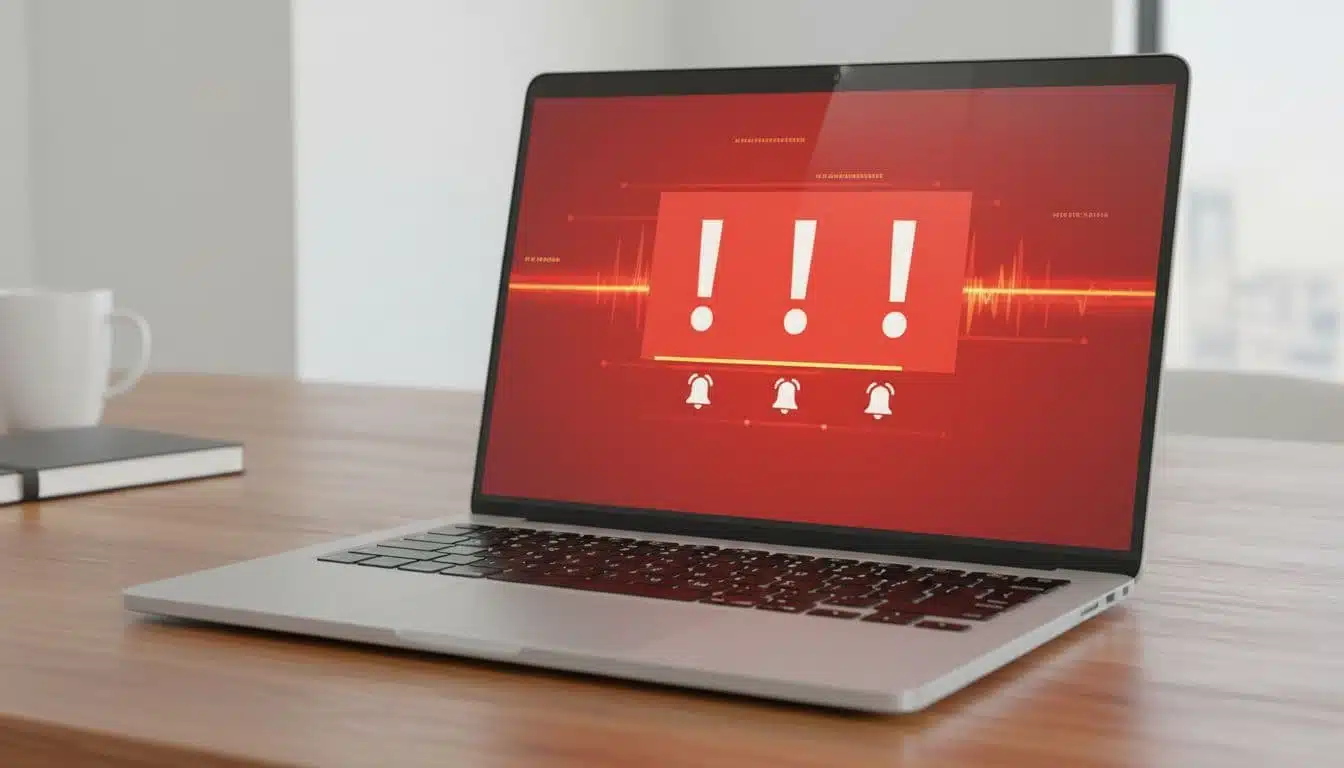 Laptop on a wooden desk showing a full-screen red warning popup with exclamation marks, scanning bars, and alarm icons mimicking a fake Windows virus alert, in realistic photo style with bright office lighting. Exactly one laptop visible, no people, no readable text, no logos or watermarks, screen slightly angled.