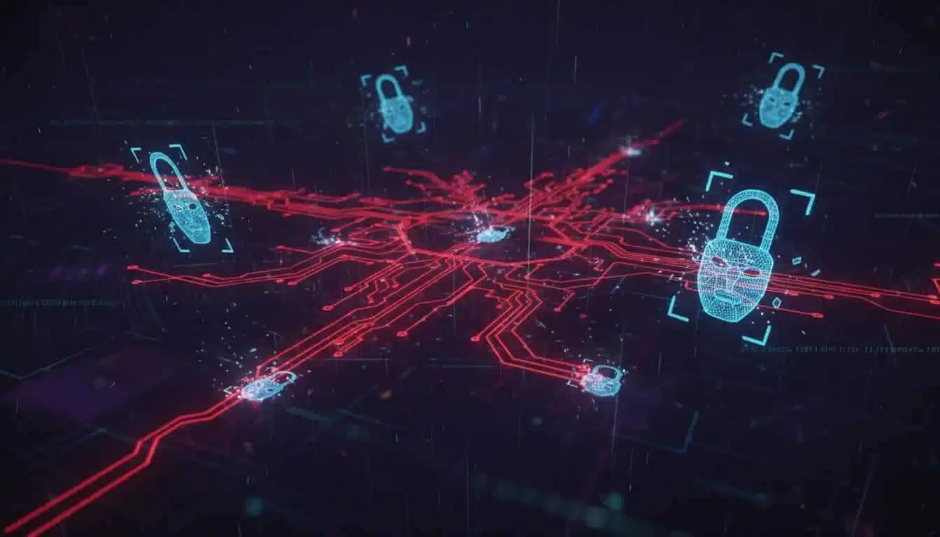 Abstract digital visualization of a government data breach with glowing red network lines, breaking locks on servers, and biometric face scans floating into dark cyberspace.