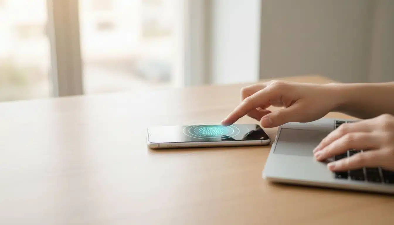 A close-up of a person's finger touching a smartphone screen with a subtle glowing biometric scan effect, next to a laptop on a clean desk with soft natural light.