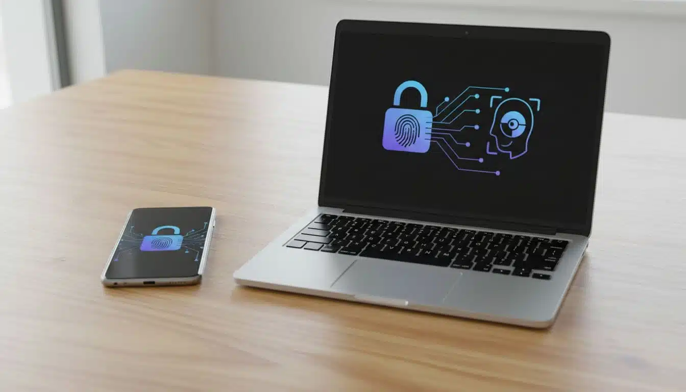 Smartphone and laptop side by side on a wooden table, screens showing abstract lock icons transforming into fingerprint and face icons, modern flat design illustration under bright daylight lighting.