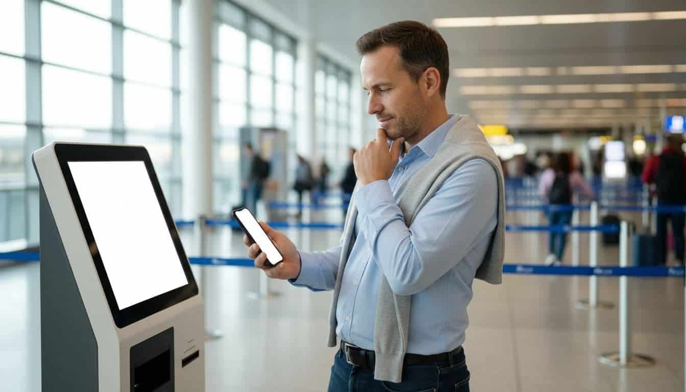 Person at airport kiosk thoughtfully reading phone screen about privacy terms before opting into biometric scan, relaxed pose with hand on chin, modern airport with blurred security line.