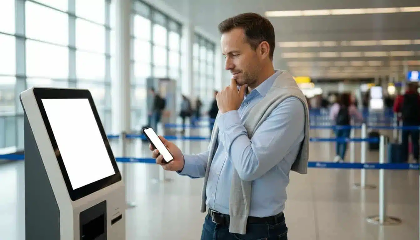 Person at airport kiosk thoughtfully reading phone screen about privacy terms before opting into biometric scan, relaxed pose with hand on chin, modern airport with blurred security line.