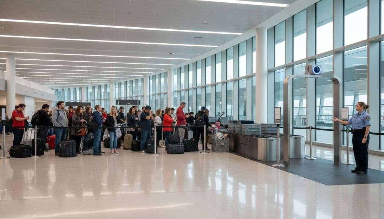 Busy airport security checkpoint contrasts crowded regular lines of frustrated travelers with an empty touchless lane using facial recognition cameras, modern terminal with bright lighting.
