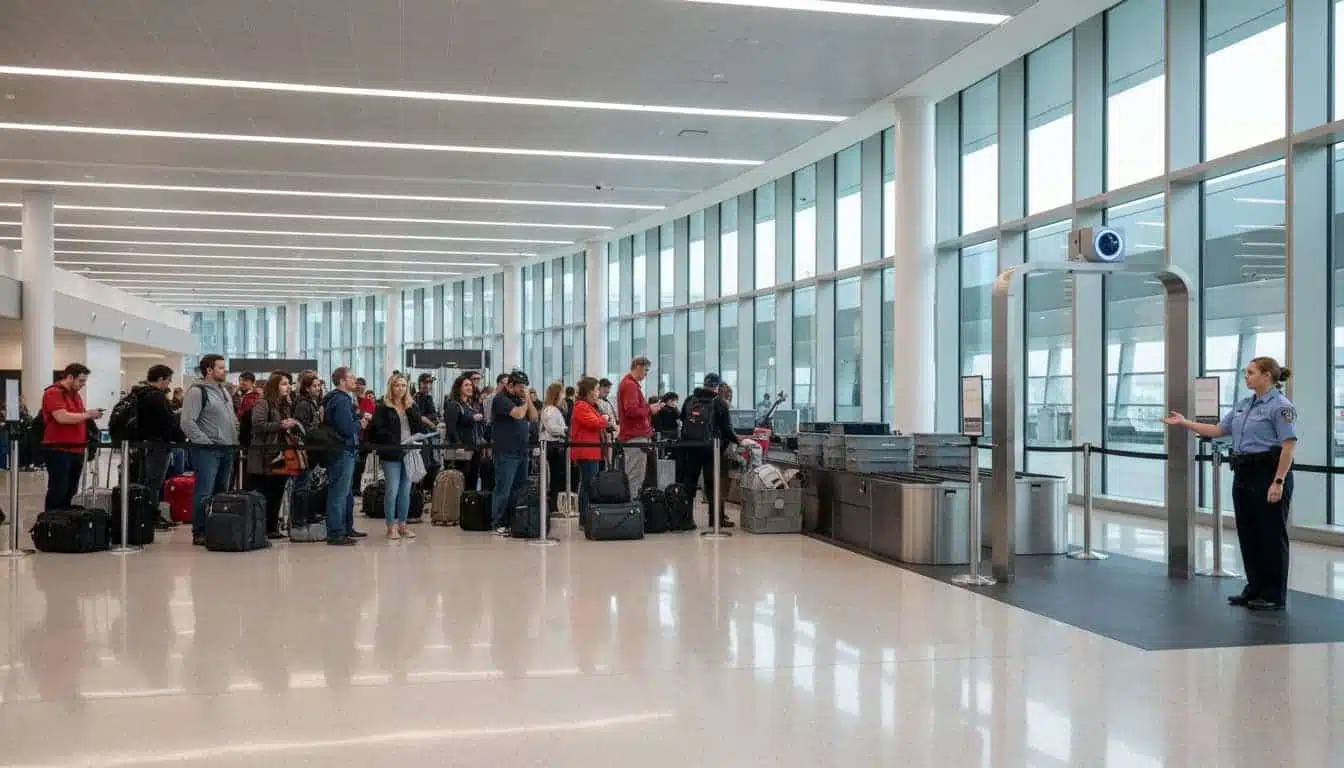 Busy airport security checkpoint contrasts crowded regular lines of frustrated travelers with an empty touchless lane using facial recognition cameras, modern terminal with bright lighting.
