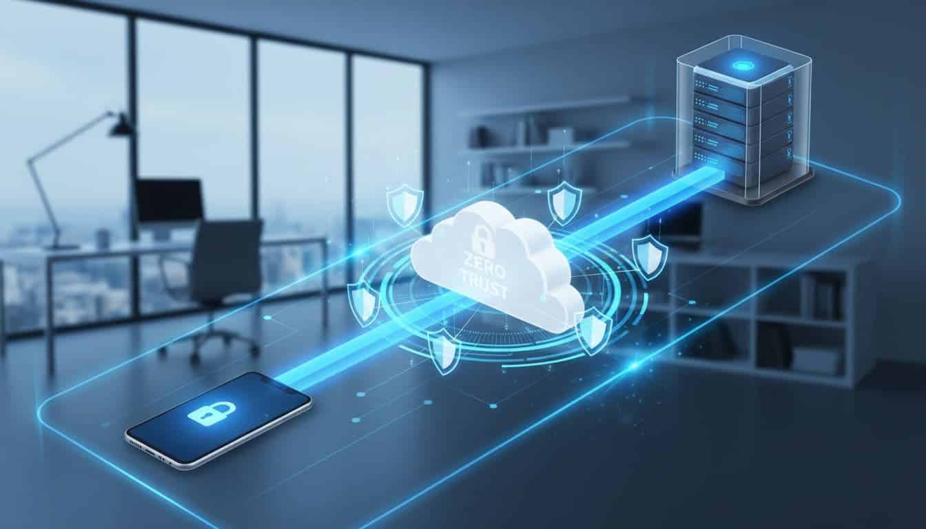 A smartphone connects securely to a home server through a protected cloud tunnel featuring shield icons and locks, illustrating Zero Trust principles with no public exposure in a modern office background.