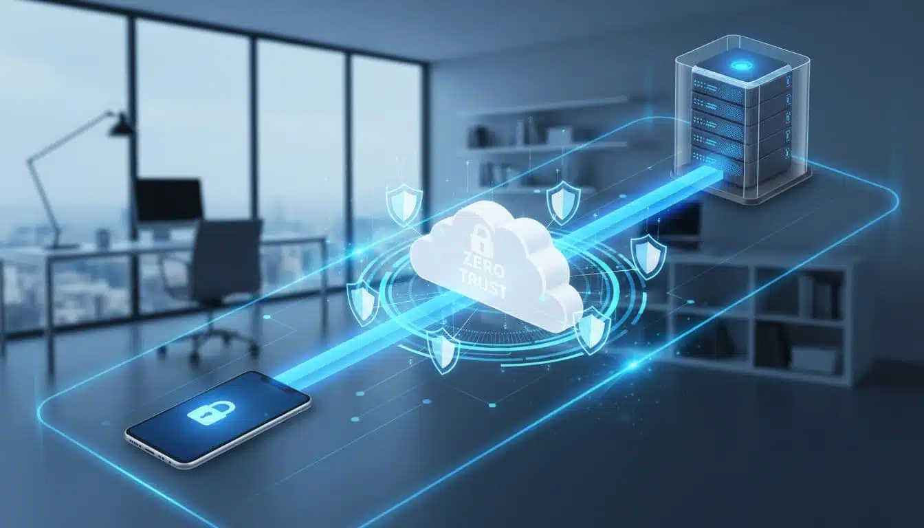 A smartphone connects securely to a home server through a protected cloud tunnel featuring shield icons and locks, illustrating Zero Trust principles with no public exposure in a modern office background.