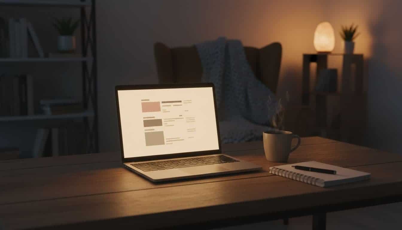 A realistic cozy home office desk setup featuring a single laptop with a slightly blurred screen showing an interactive AI workspace for a simple project tracker or content calendar, accompanied by a notebook and pen under warm lighting, no people or extra objects.