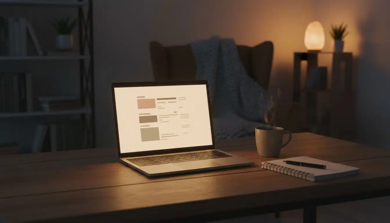 A realistic cozy home office desk setup featuring a single laptop with a slightly blurred screen showing an interactive AI workspace for a simple project tracker or content calendar, accompanied by a notebook and pen under warm lighting, no people or extra objects.