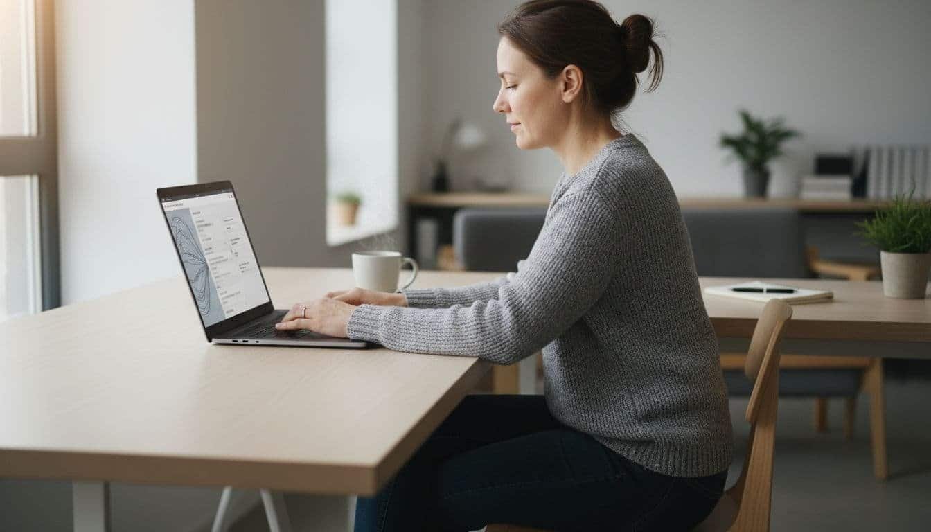 A person at a modern desk with a laptop open to an AI chat interface for writing, coffee mug nearby, in a relaxed focused pose with hands on keyboard, natural daylight from window, realistic photography.