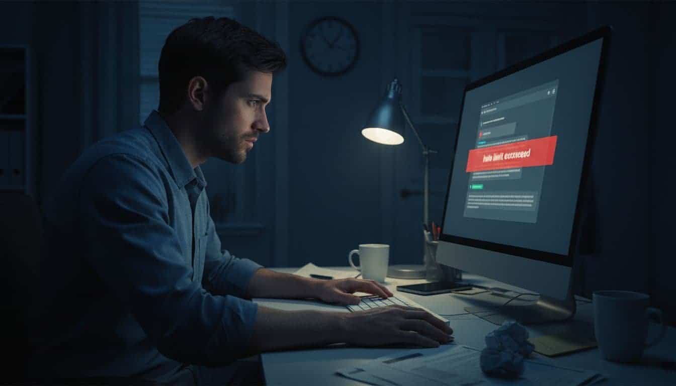 A frustrated person at a computer desk in a dimly lit room late at night looks at a rate limit error on an AI chat screen, depicting workflow interruption.