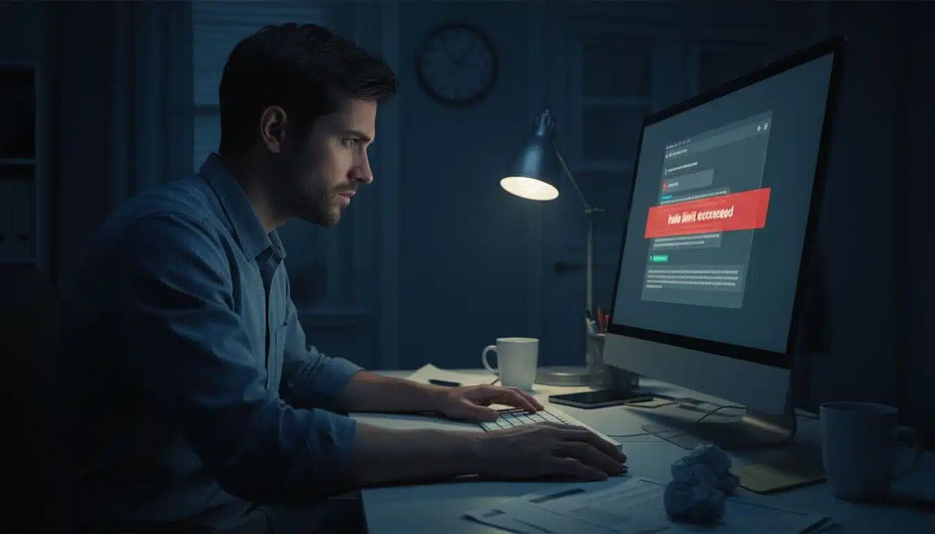 A frustrated person at a computer desk in a dimly lit room late at night looks at a rate limit error on an AI chat screen, depicting workflow interruption.