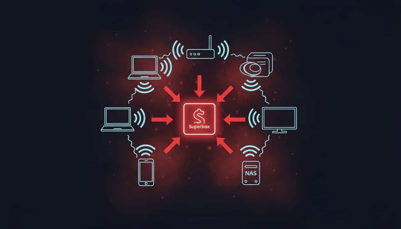 Central streaming box sends red arrows of malicious traffic to router, laptop, smartphone, smart TV, and NAS amid Wi-Fi waves on dark background.