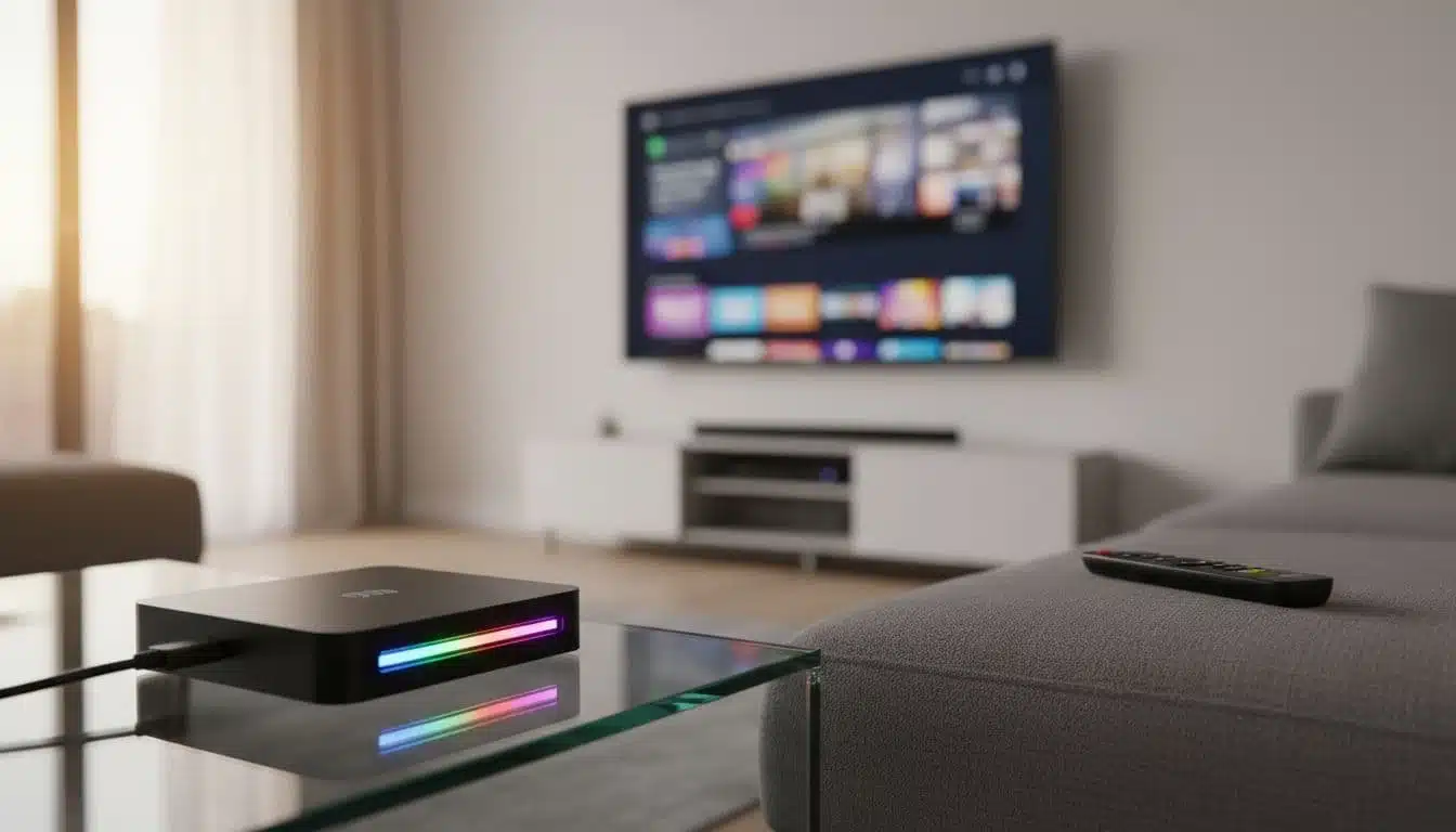 Black rectangular streaming box with colorful lights connects via HDMI to large TV in modern living room, remote on couch.