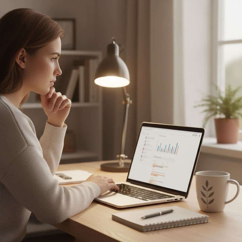A focused person reviews security settings on a laptop at a clean, organized desk.