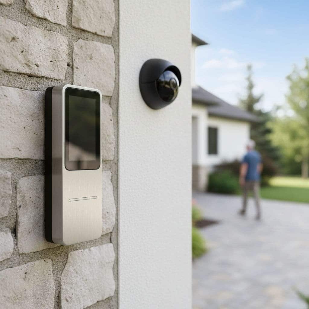 A sleek smart doorbell mounted beside a compact security camera on a residential porch pillar.